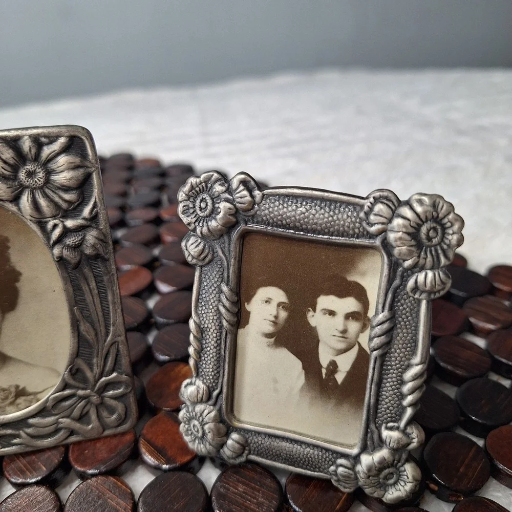 Victorian Ornate Miniature Pewter Style Picture Frame Set of 3 Easel Back Vanity